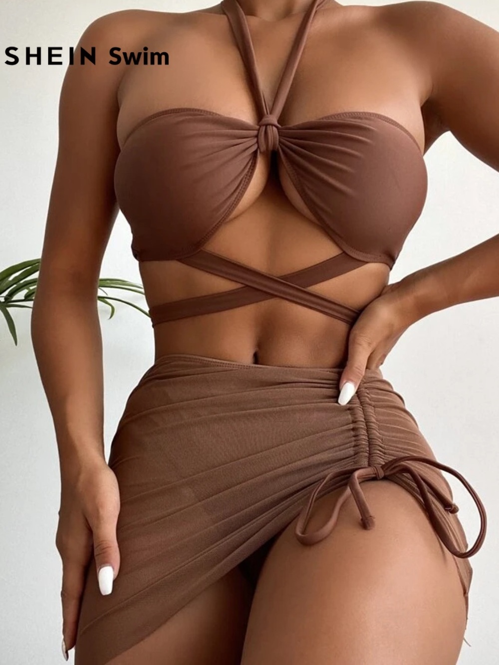 SHEIN Brown Tie Bandeau Bikini Set with Ruched Skirt